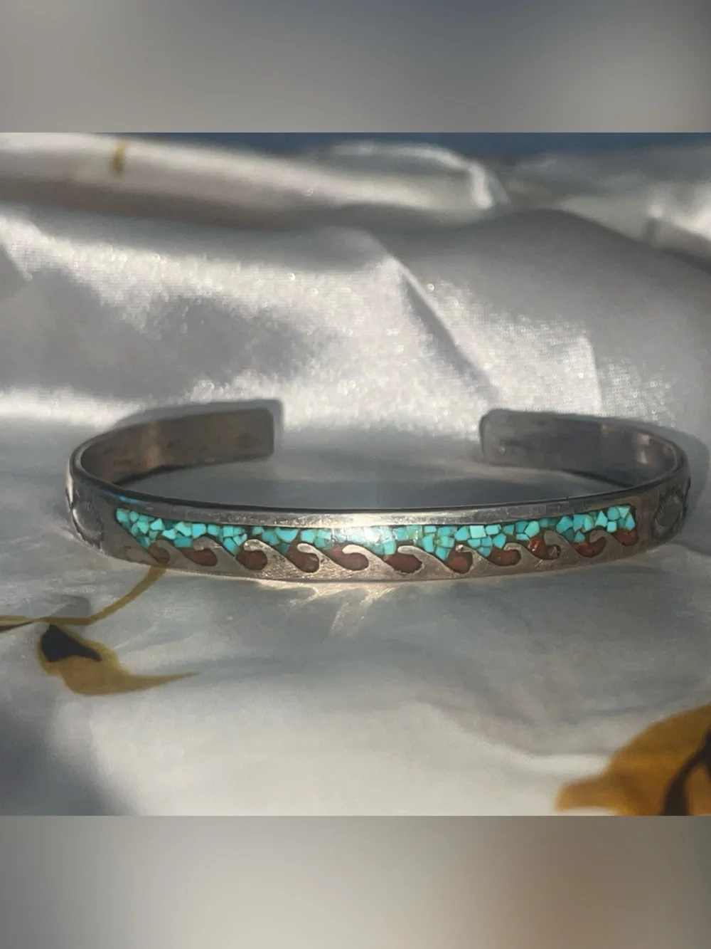 Turquoise & Coral Inlay Sterling Silver signed Cuff Bracelet - Blue